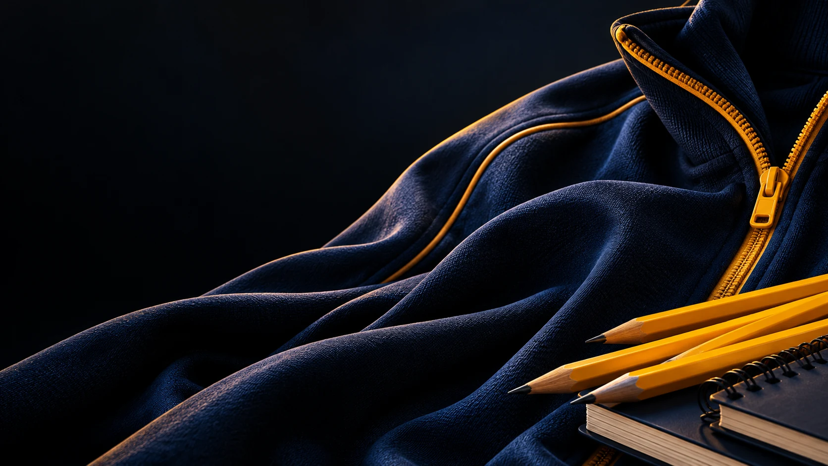 Composição ilustrativa de uniforme azul-marinho e materiais escolares nas cores Infinit